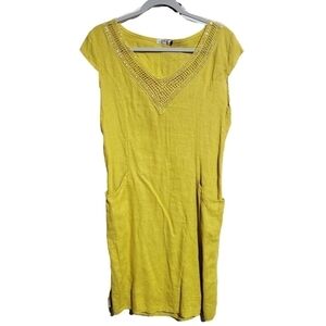 Made in Italy Linen Mustard yellow shift dress knitting & sequin V neck